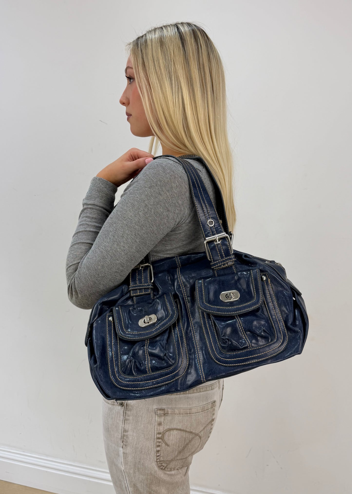 one size navy blue structured shoulder bag image 4