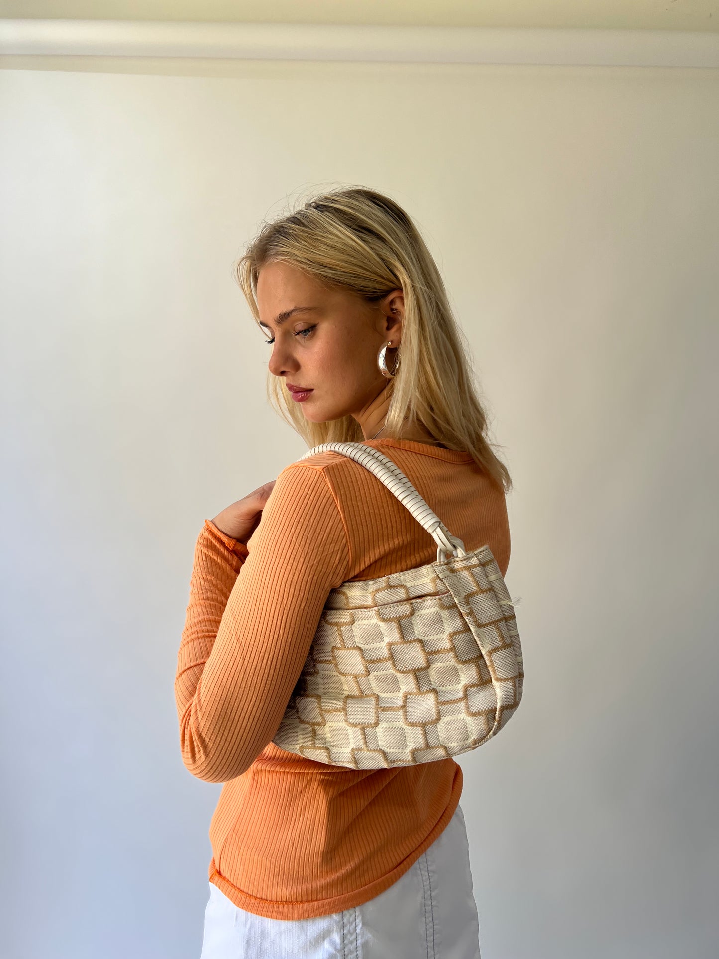 one size cream and beige geometric shoulder bag worn view