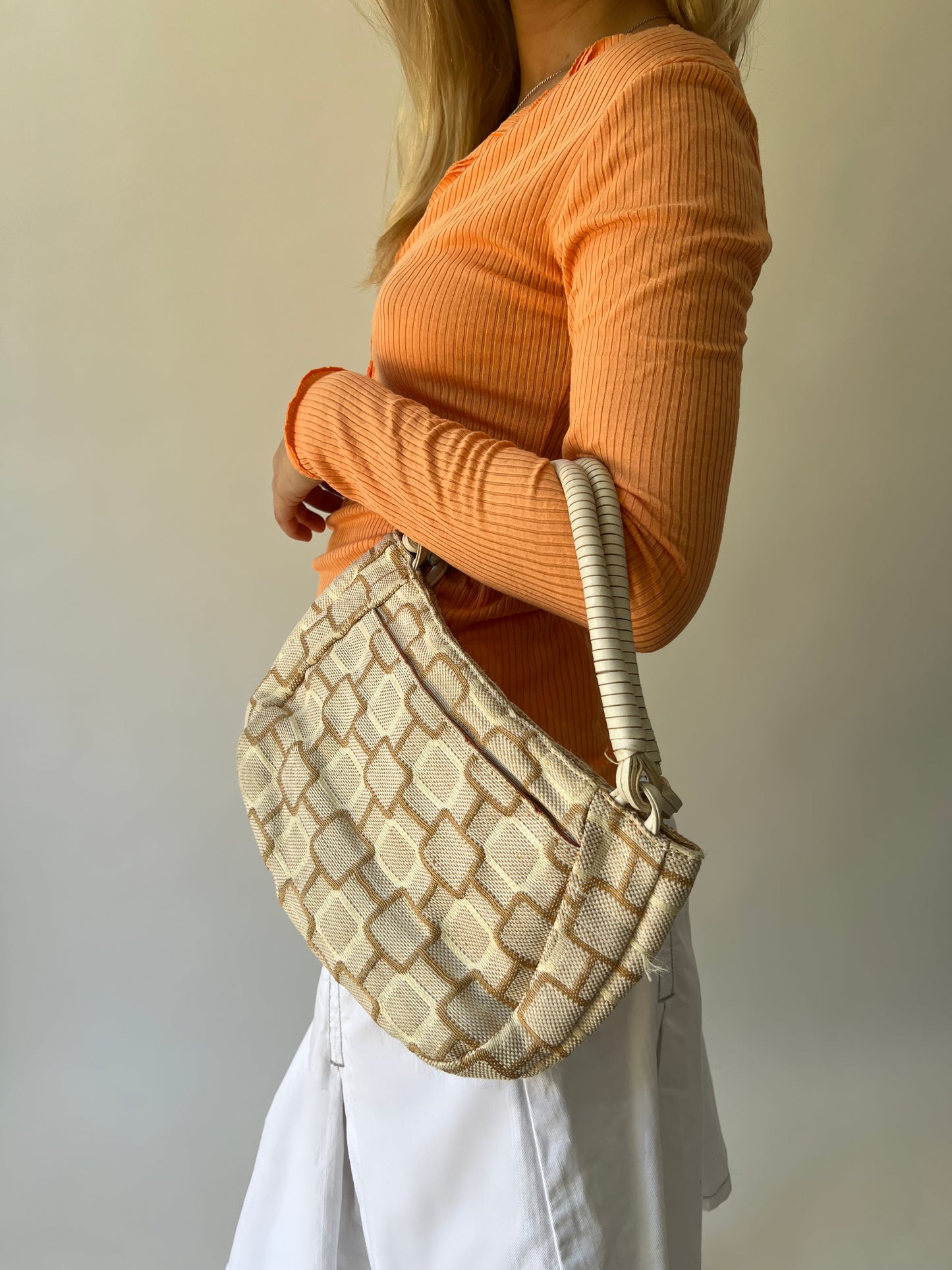 one size cream and beige geometric shoulder bag second worn view