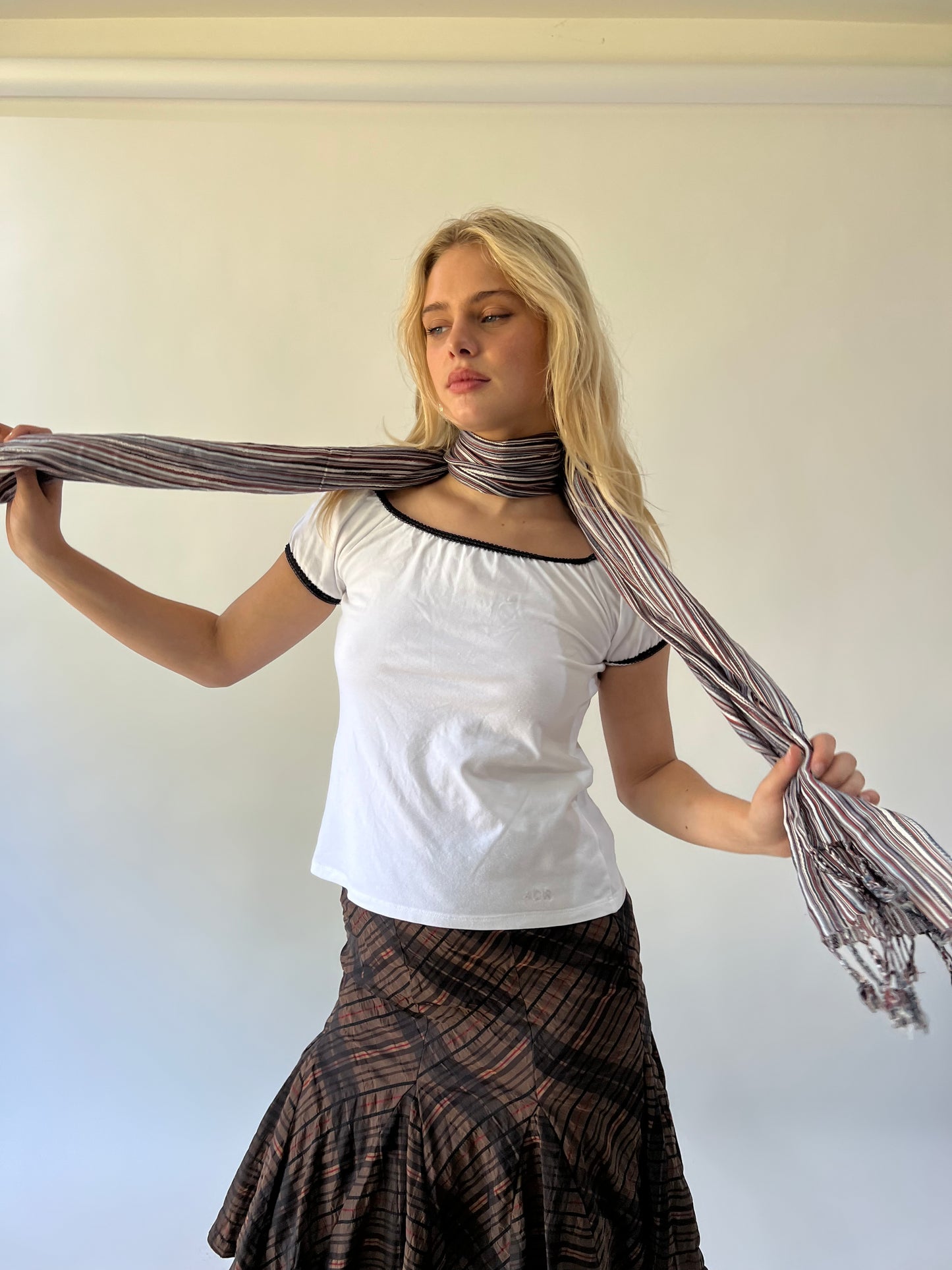 one size multicoloured striped scarf second worn view