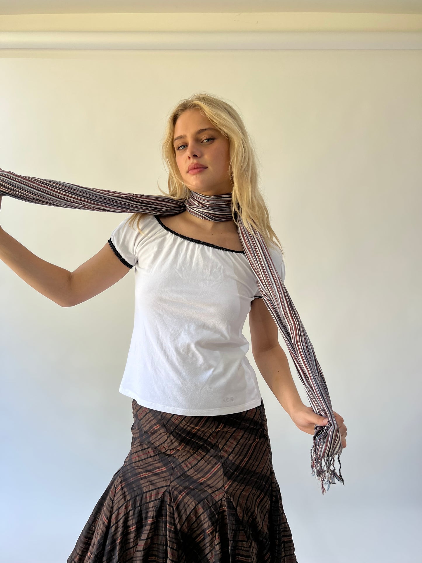 one size multicoloured striped scarf close worn view