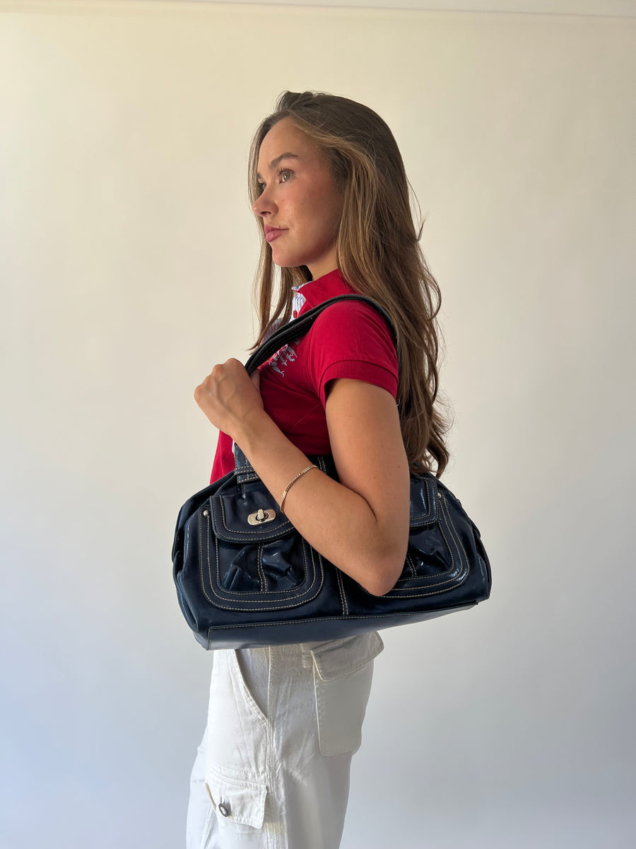 one size navy blue structured shoulder bag worn view