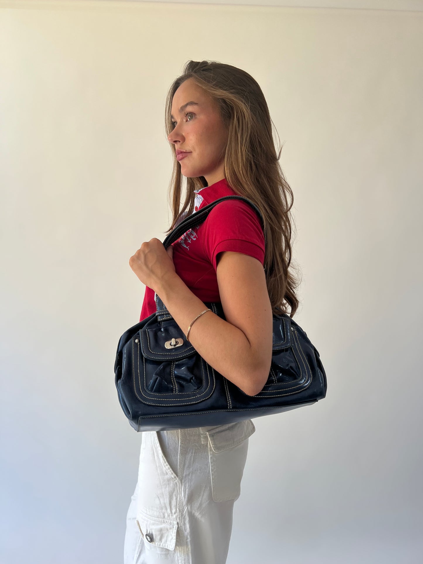 one size navy blue structured shoulder bag worn view