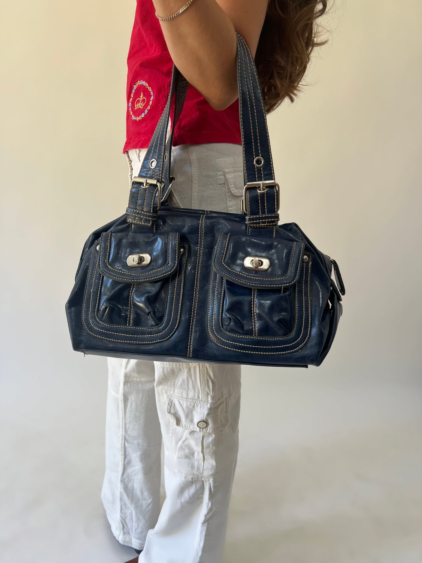 one size navy blue structured shoulder bag second worn view