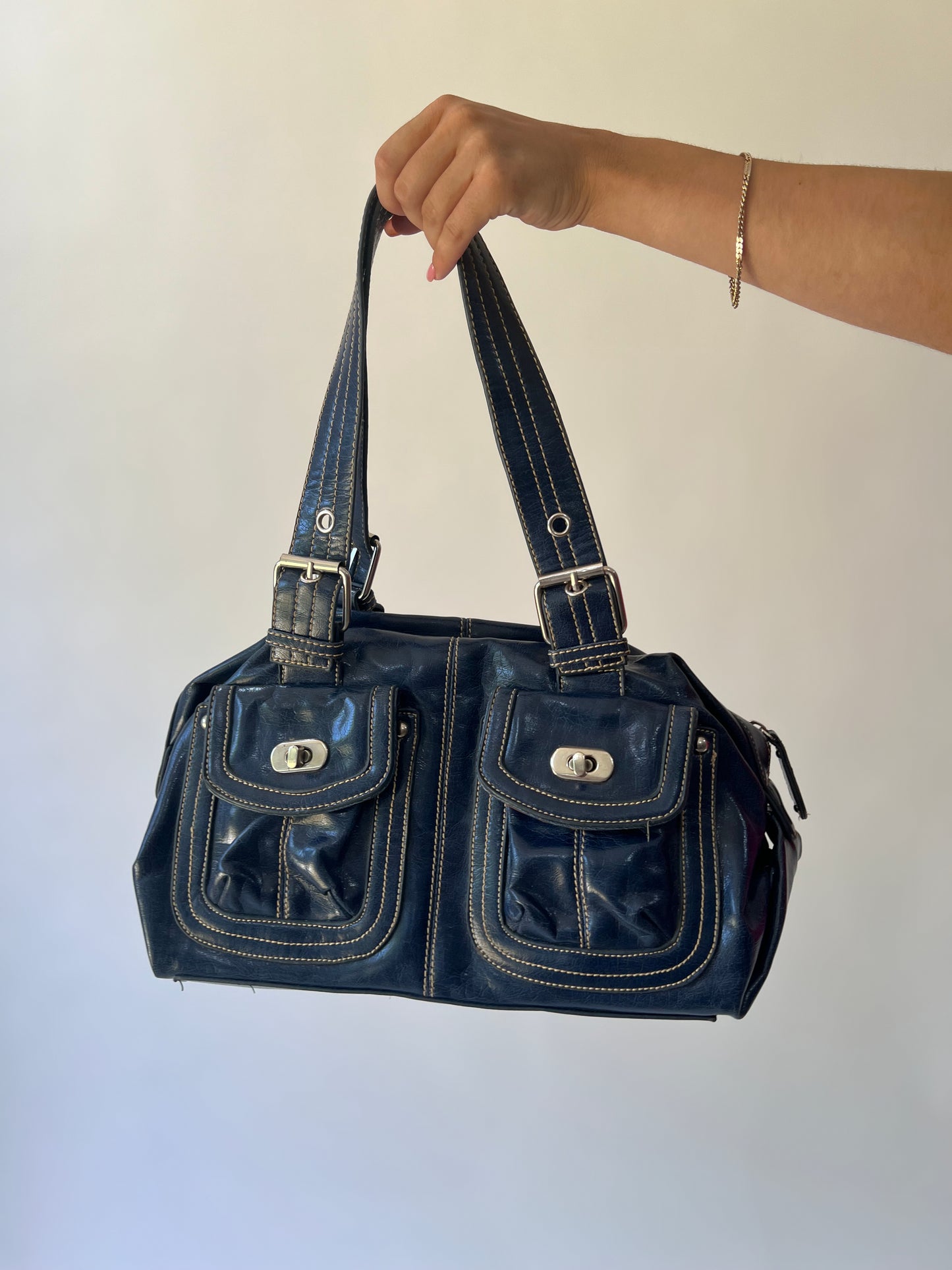 one size navy blue structured shoulder bag front view