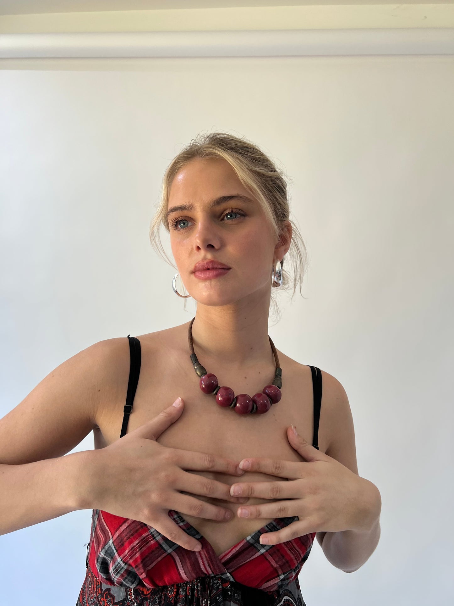 one size red beaded necklace worn view