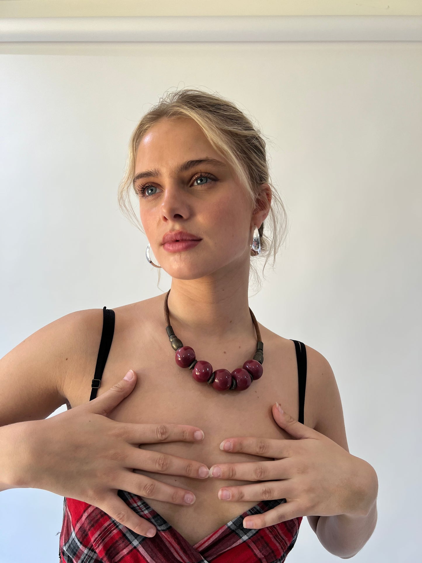 one size red beaded necklace second worn view