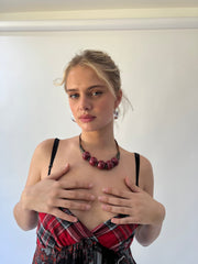 one size red beaded necklace close worn view