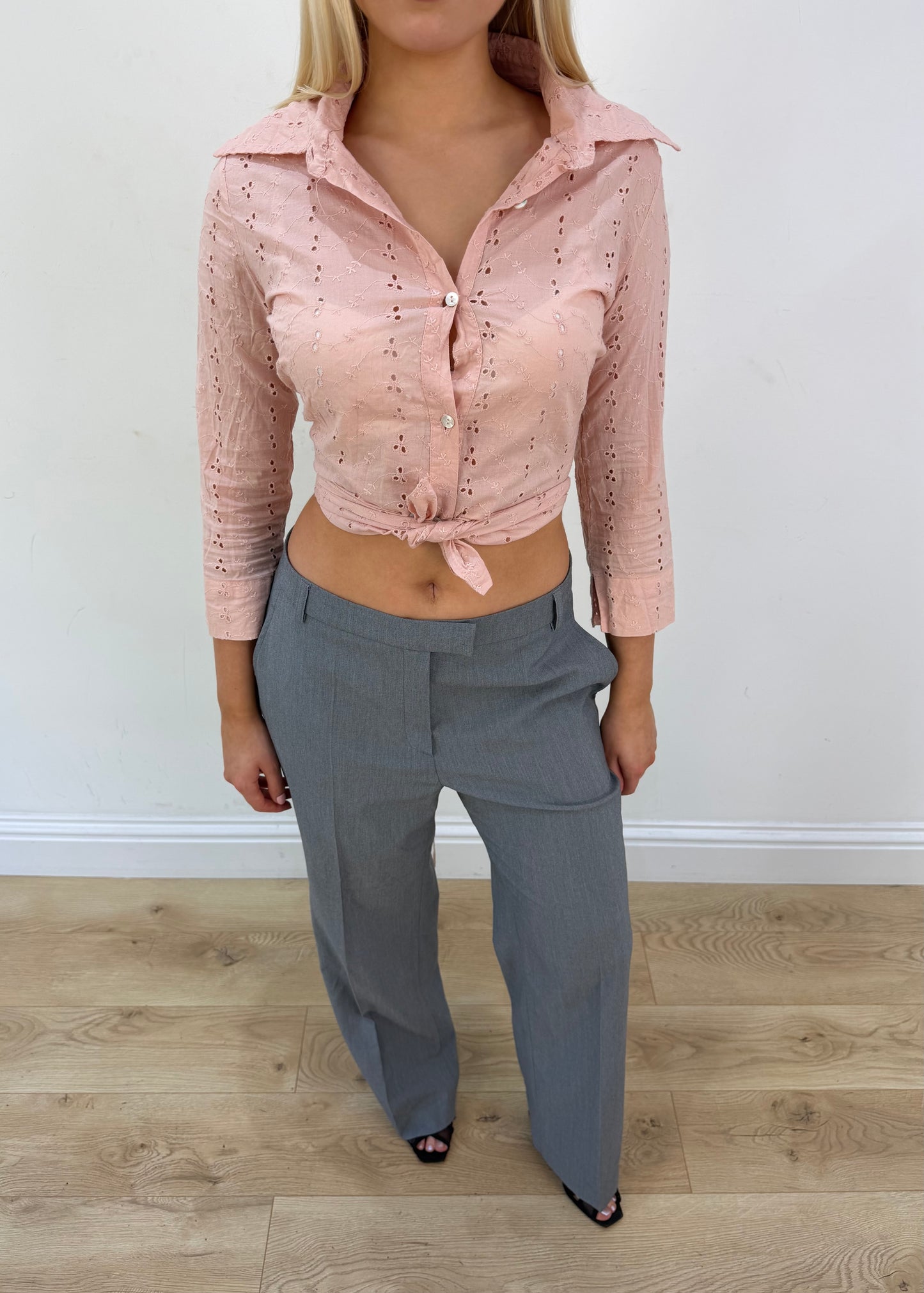small pink phard eyelet tie-back shirt front zoom with face