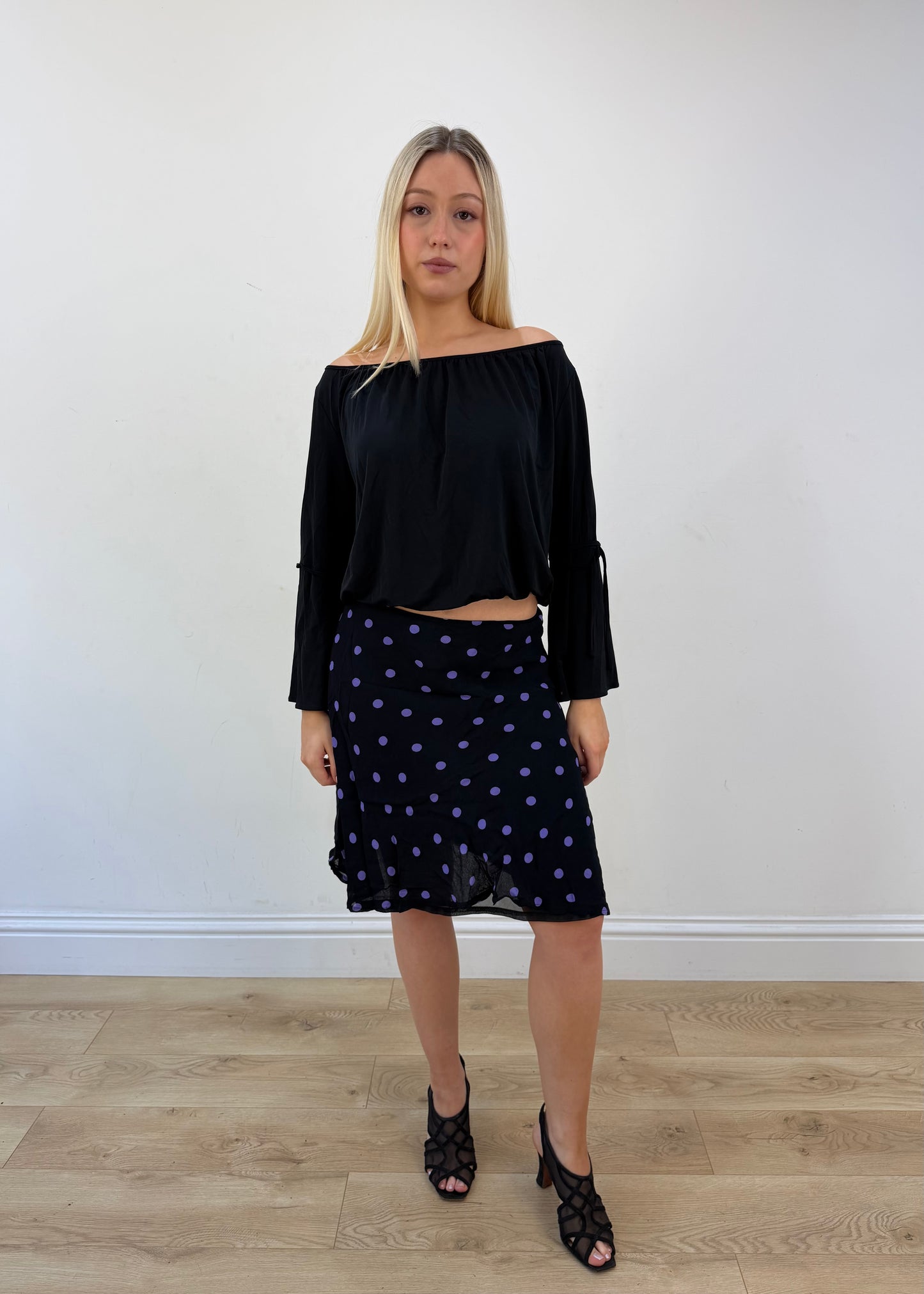 medium black and purple polka dot sheer midi skirt 03 full outfit