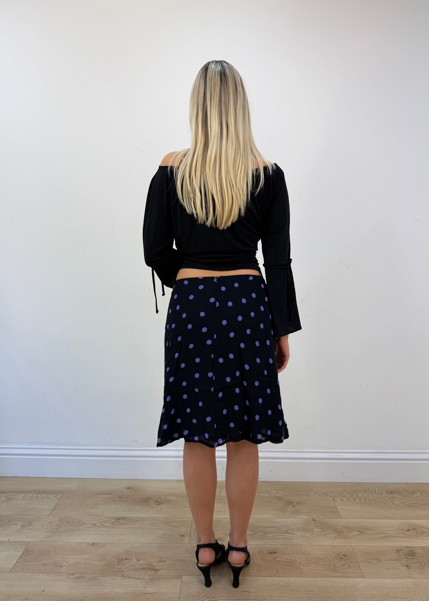 medium black and purple polka dot sheer midi skirt 05 back
