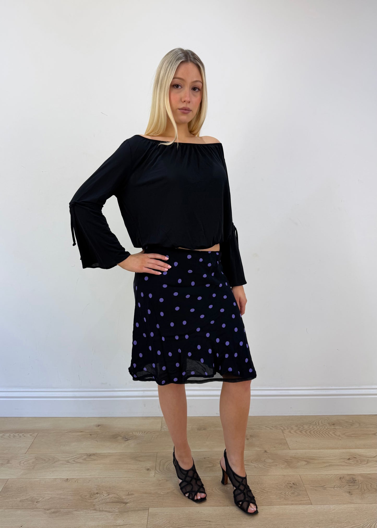 medium black and purple polka dot sheer midi skirt 06 posed