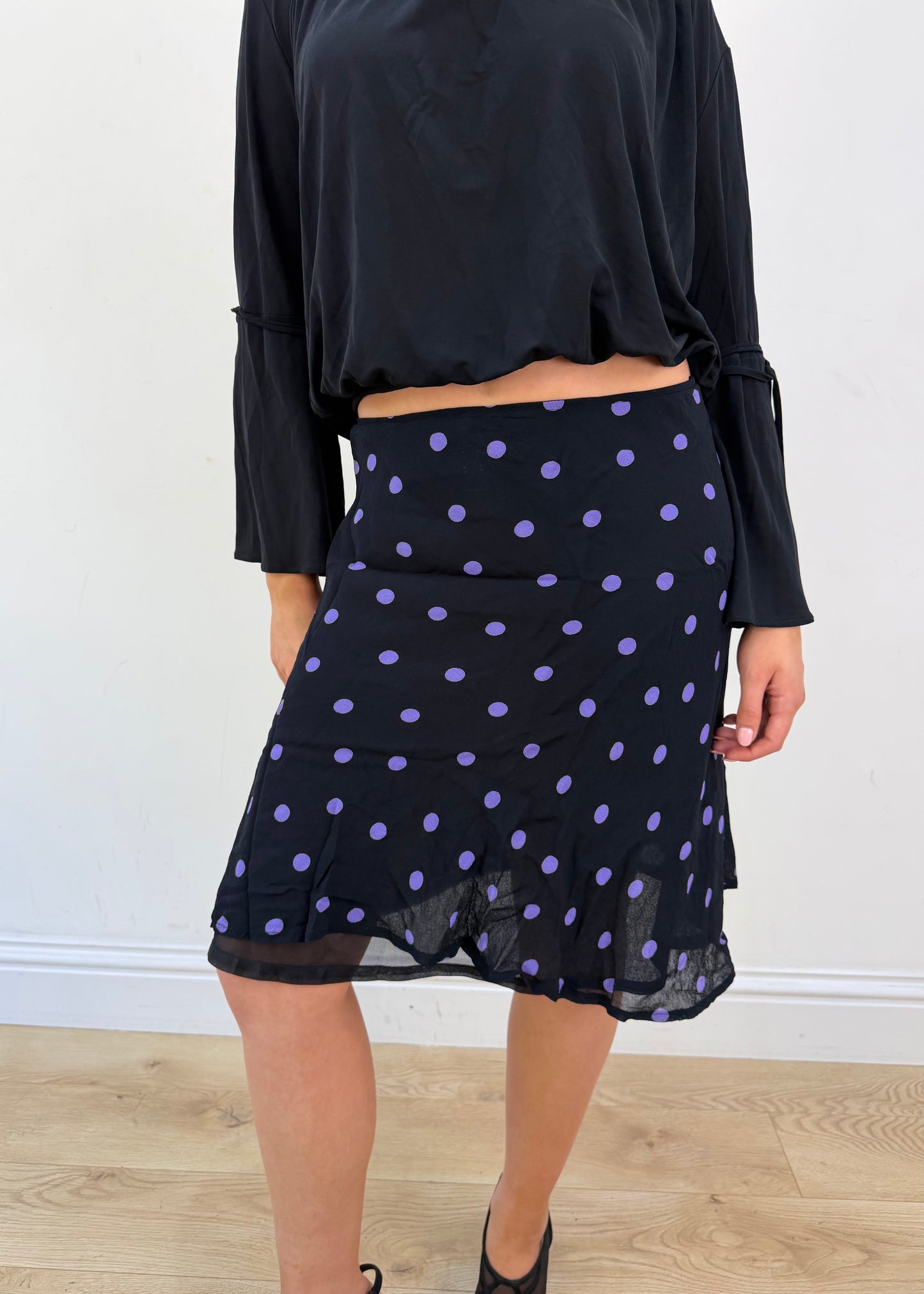 medium black and purple polka dot sheer midi skirt 07 detail