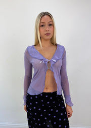 small purple sheer long sleeve top front zoom with face