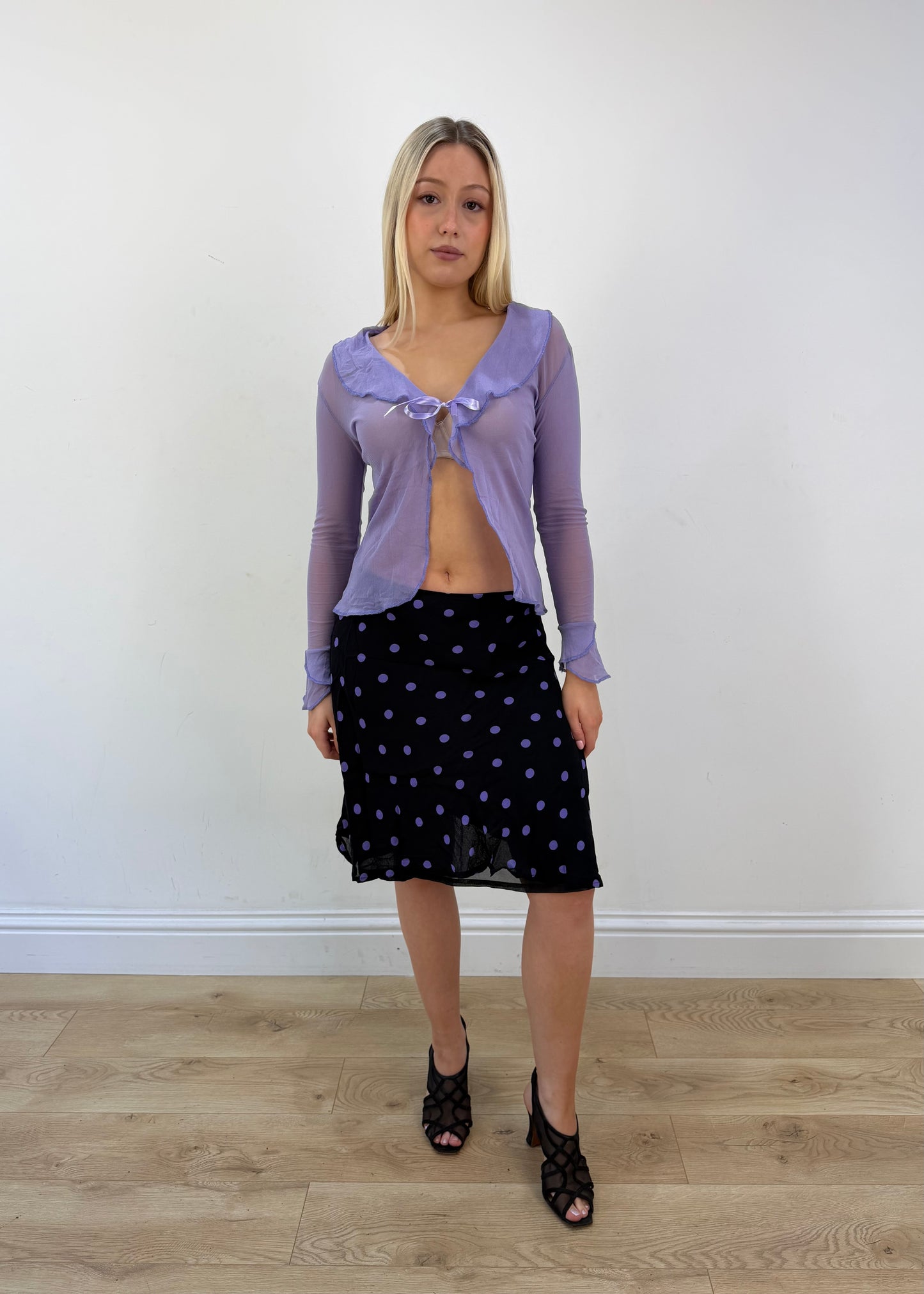small purple sheer long sleeve top full outfit