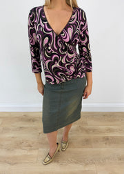 large purple black and white swirl print top aesthetic headless