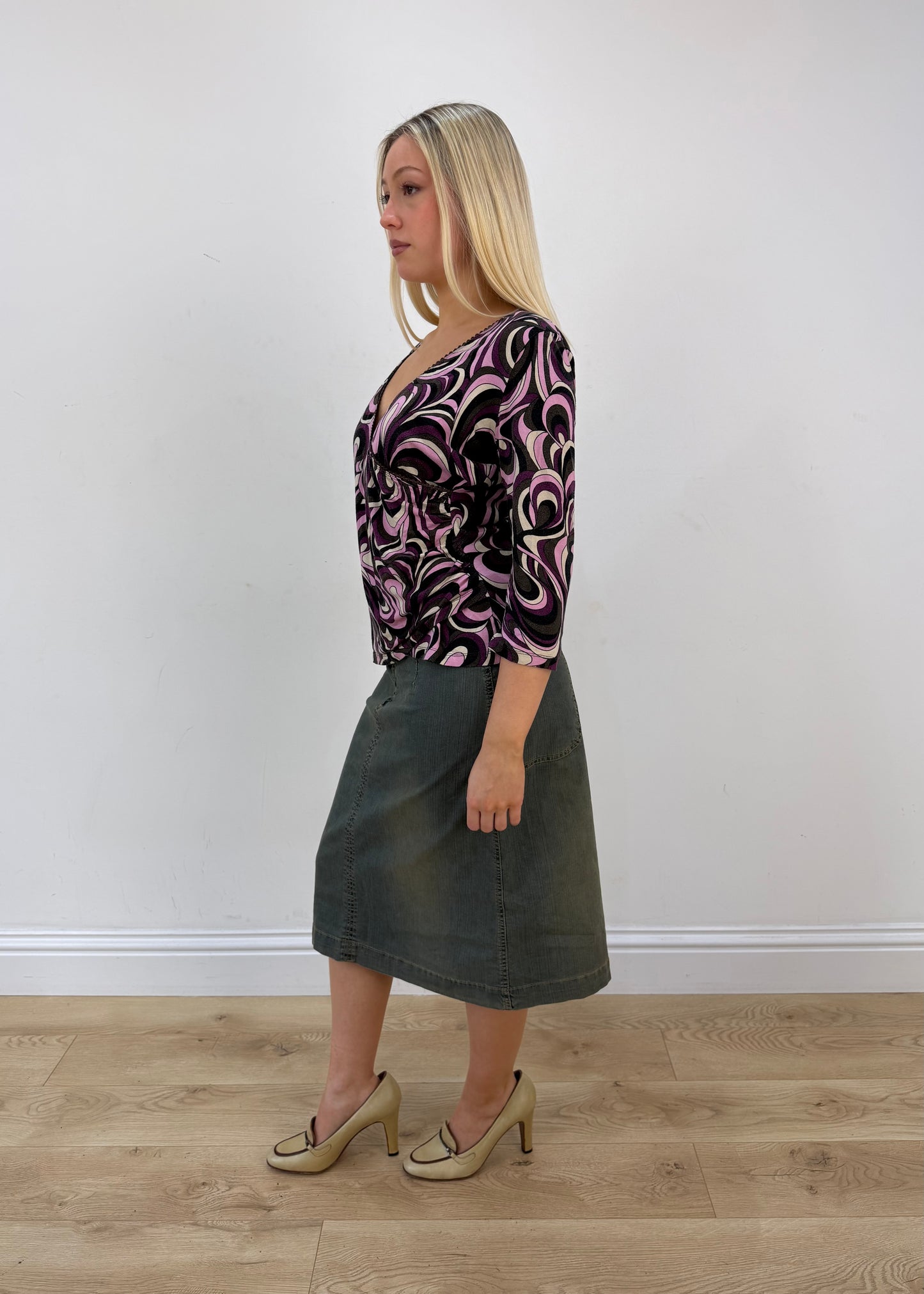 large purple black and white swirl print top view 4