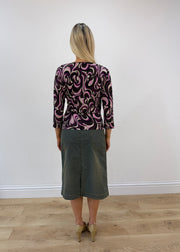 large purple black and white swirl print top view 5