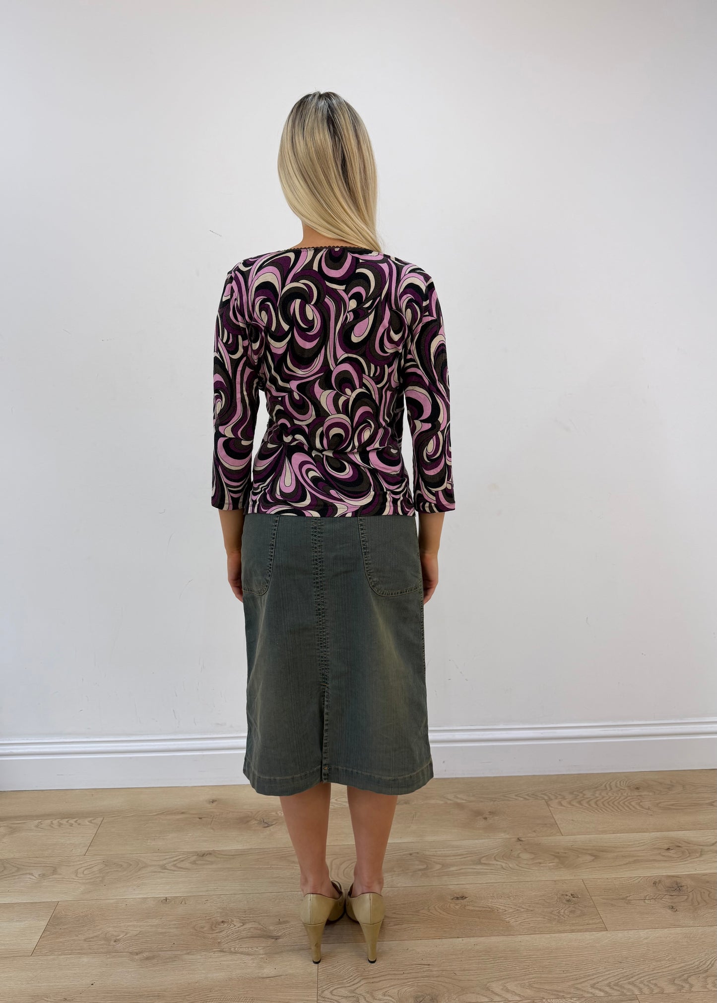 large purple black and white swirl print top view 5