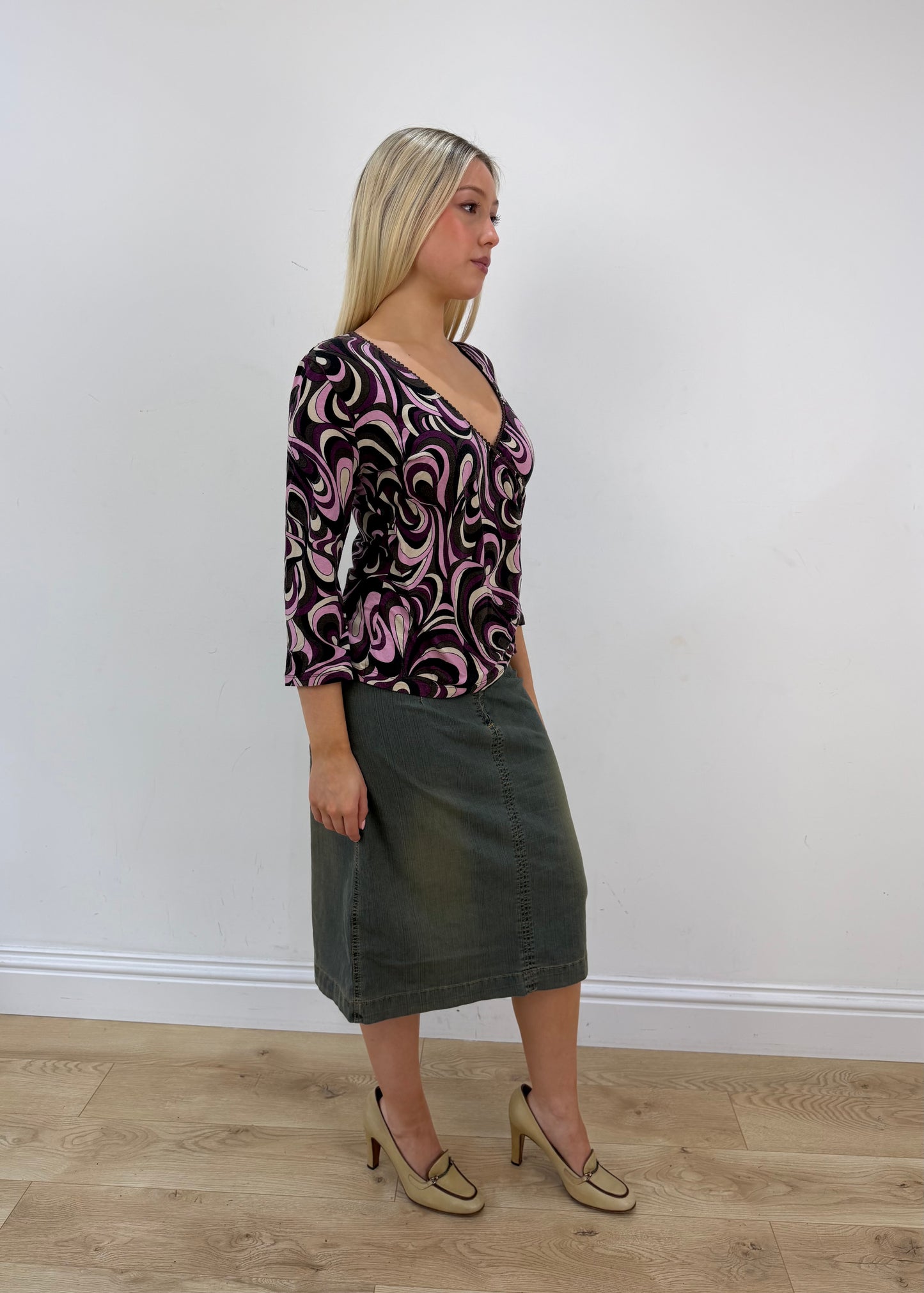 large purple black and white swirl print top view 6