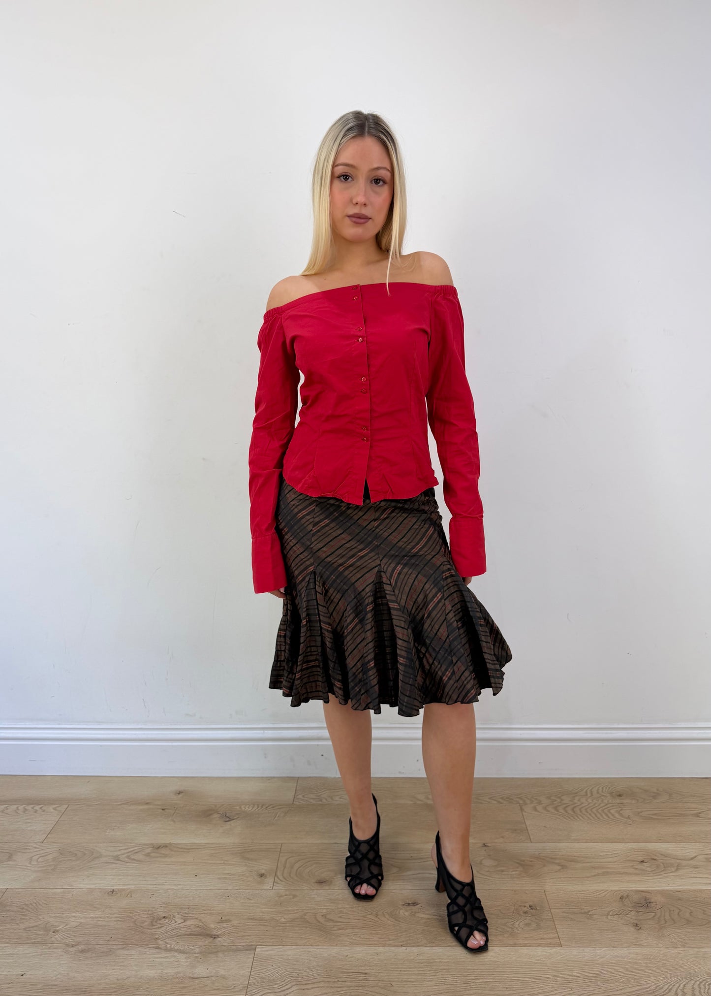 medium red old label zara basic off-shoulder blouse full outfit