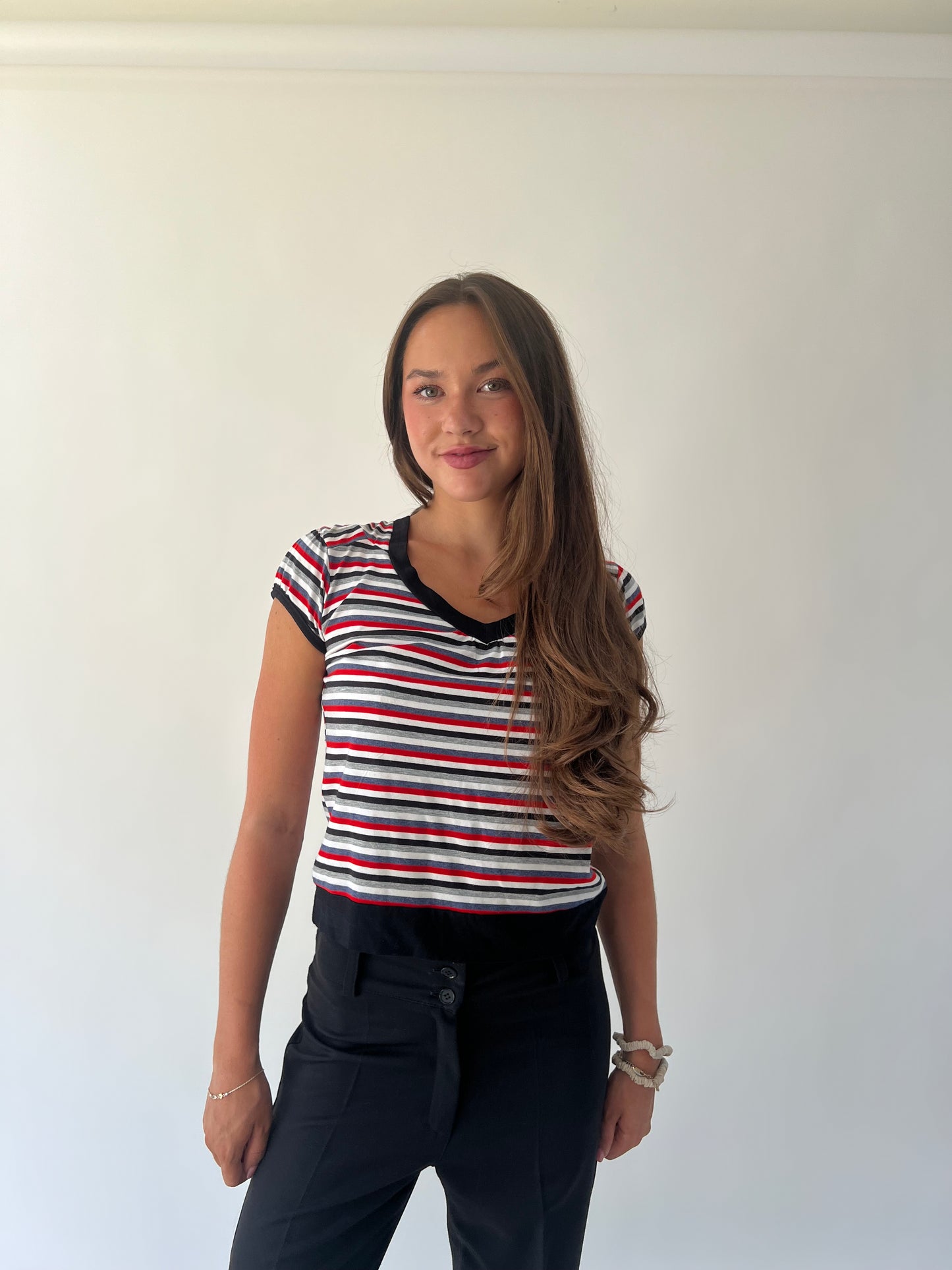 small black red and white striped ralph lauren t-shirt full front view