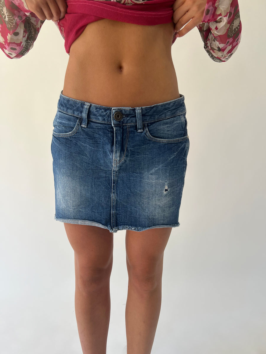 small blue guess denim mini skirt front view