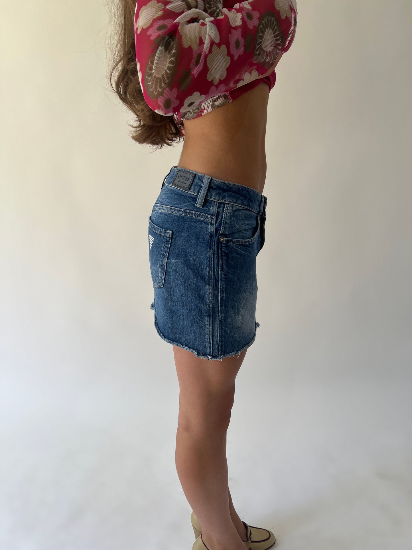 small blue guess denim mini skirt alternate side view
