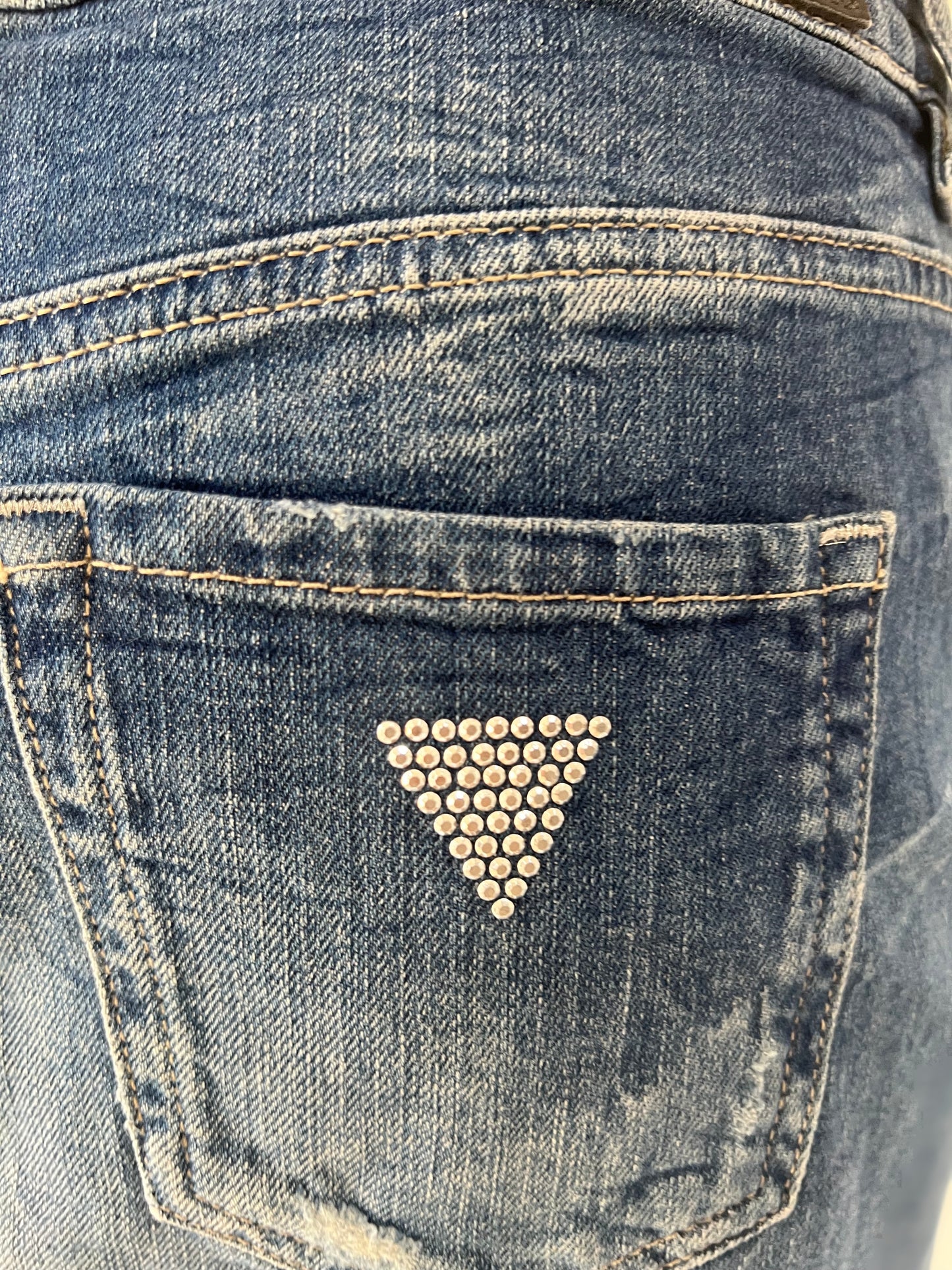 small blue guess denim mini skirt rhinestone back pocket detail
