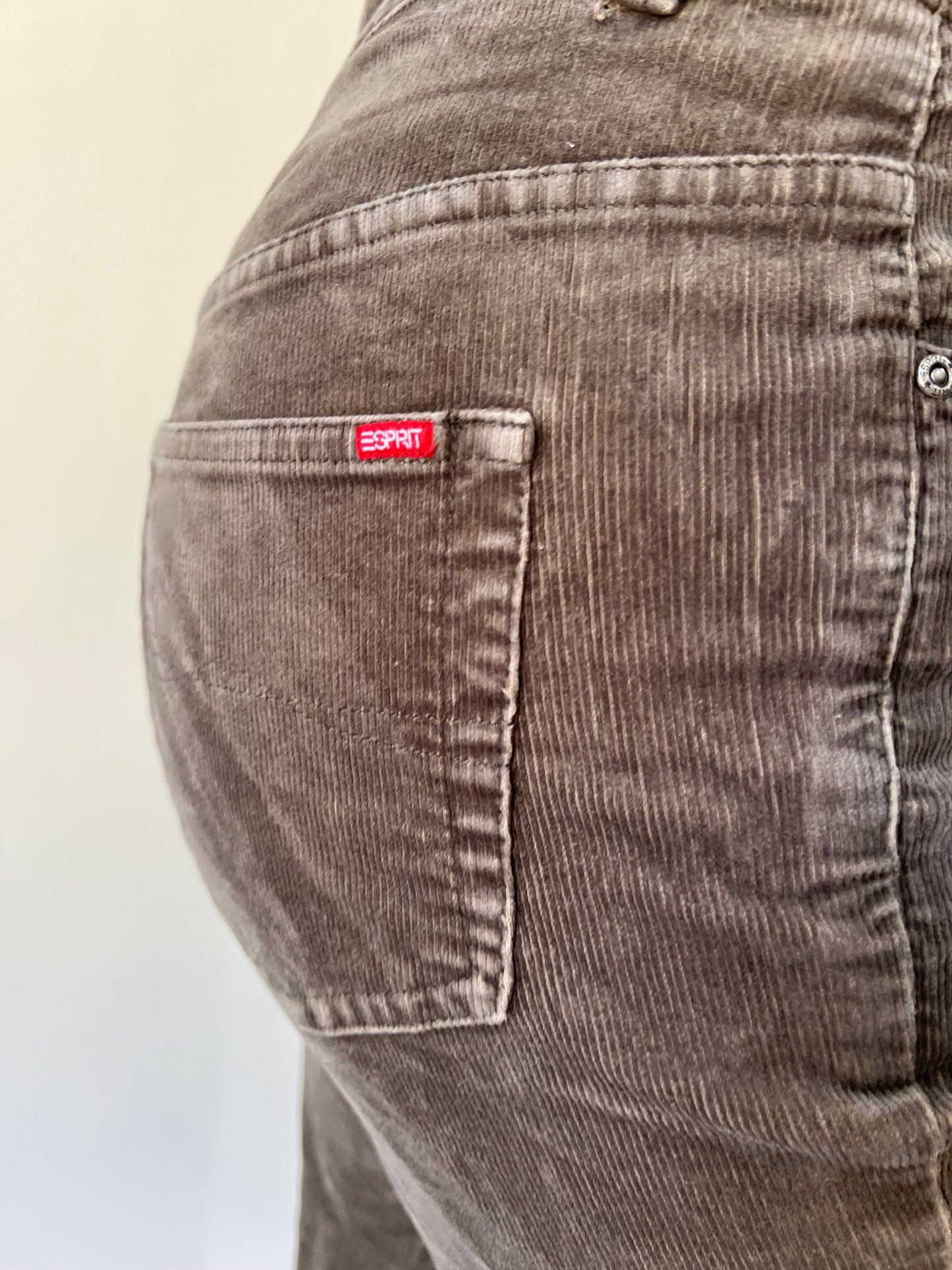 small brown esprit corduroy flared trousers pocket detail