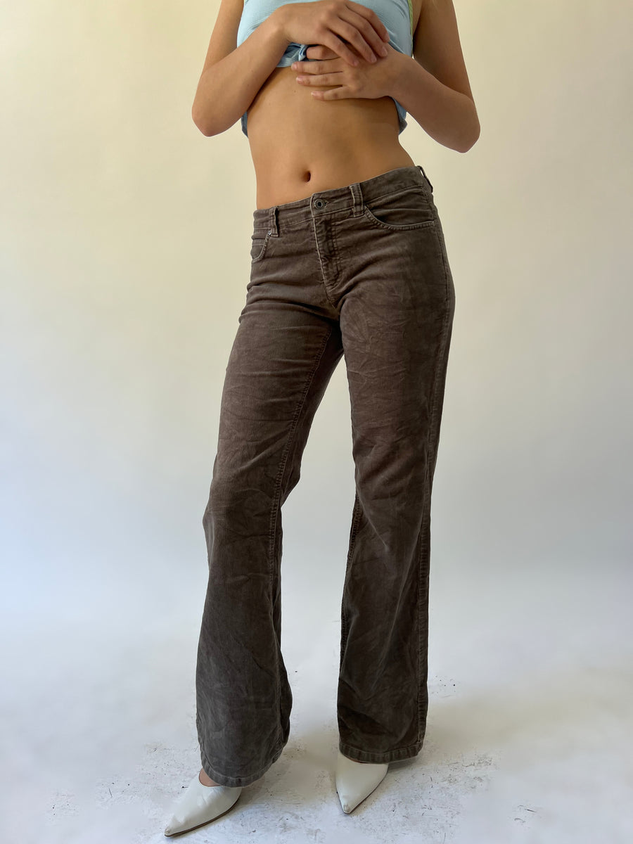 small brown esprit corduroy flared trousers front view