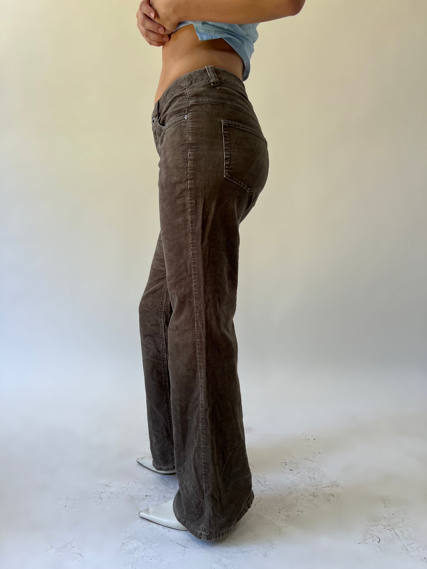 small brown esprit corduroy flared trousers side view