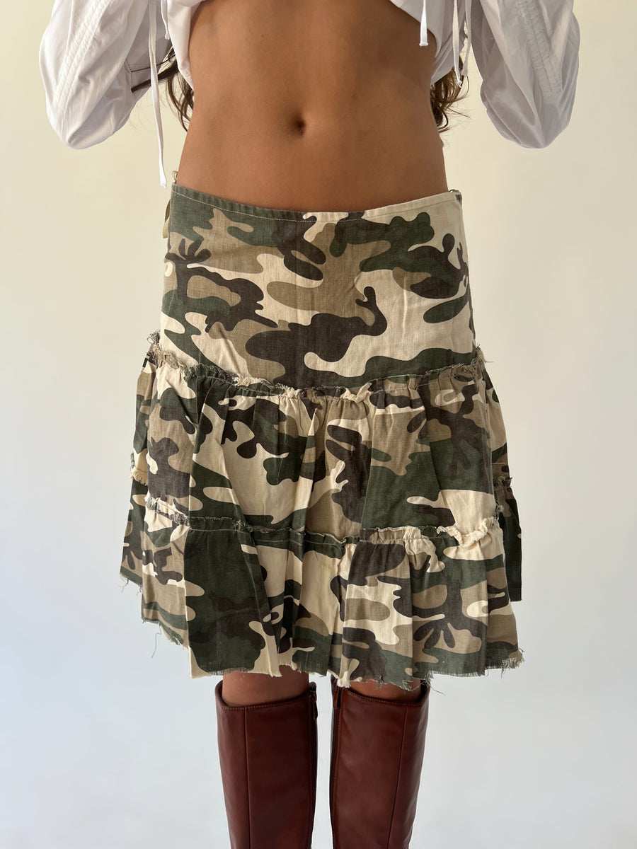 small green and brown camouflage tiered midi skirt front view