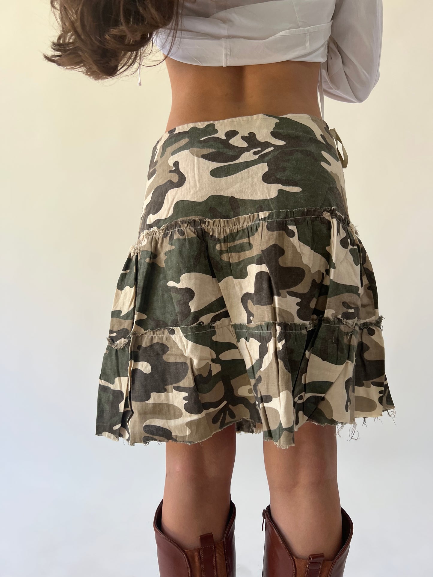 small green and brown camouflage tiered midi skirt back view