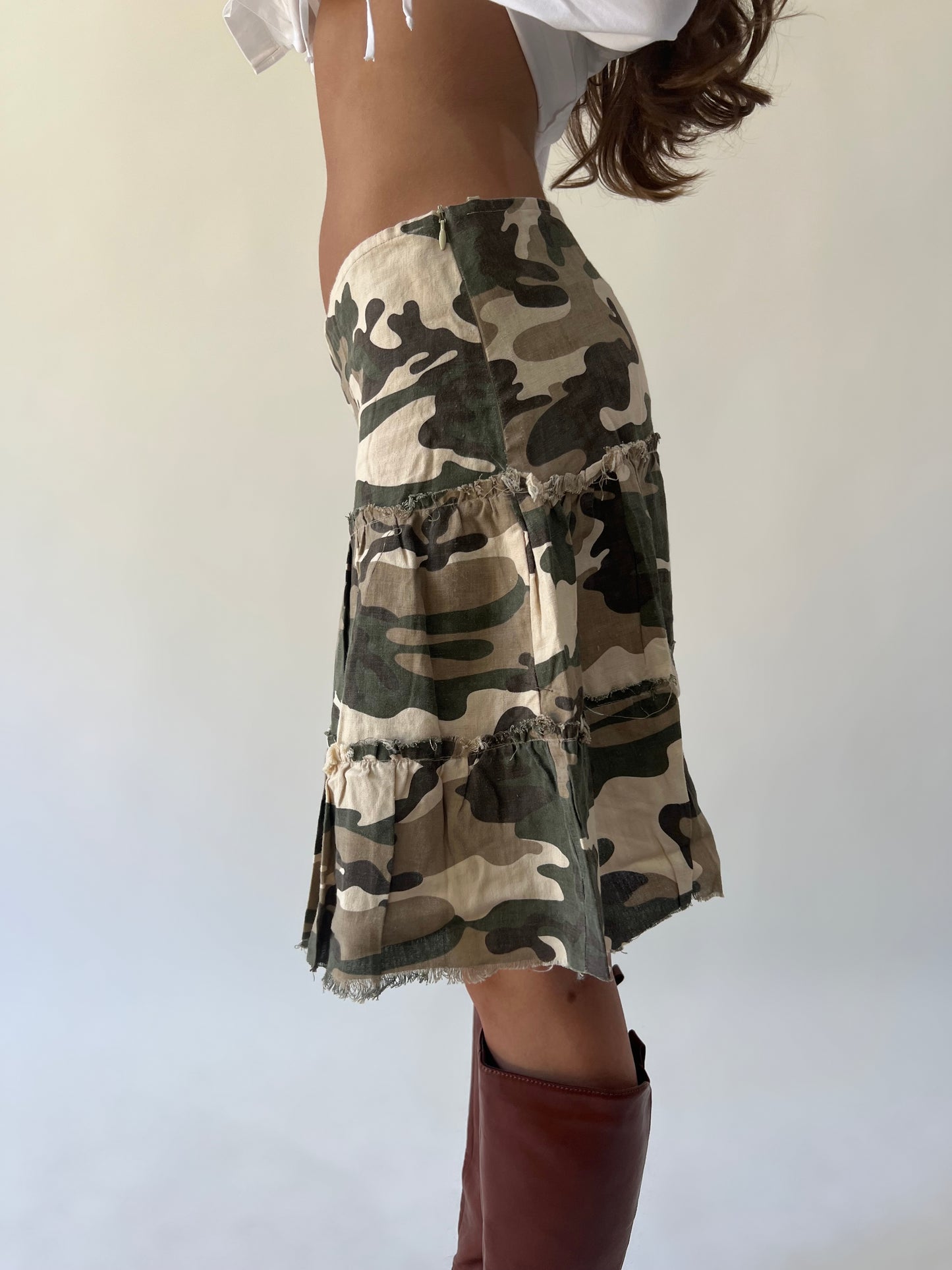 small green and brown camouflage tiered midi skirt side view