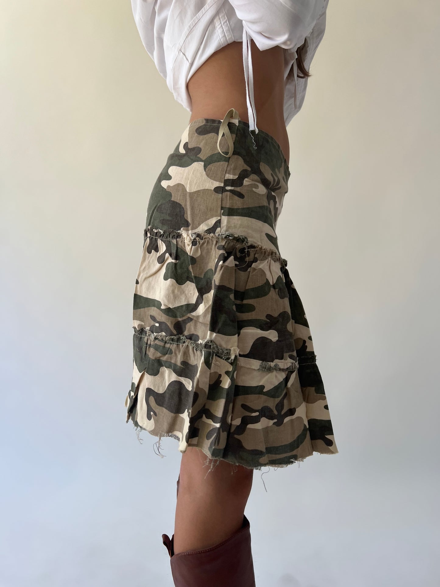 small green and brown camouflage tiered midi skirt second side view