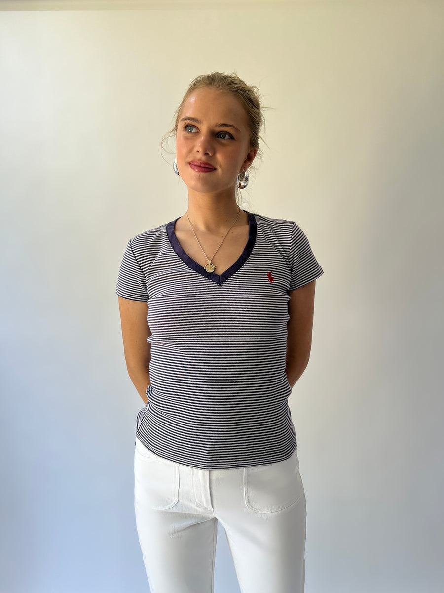 small grey and navy striped ralph lauren t-shirt angled view