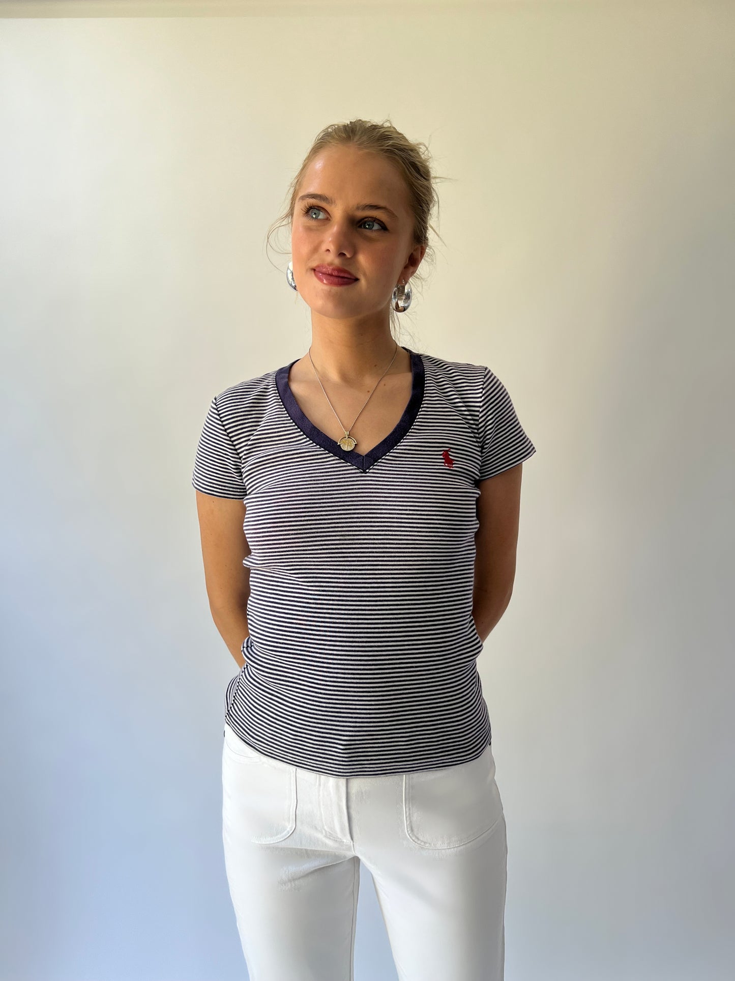 small grey and navy striped ralph lauren t-shirt angled view