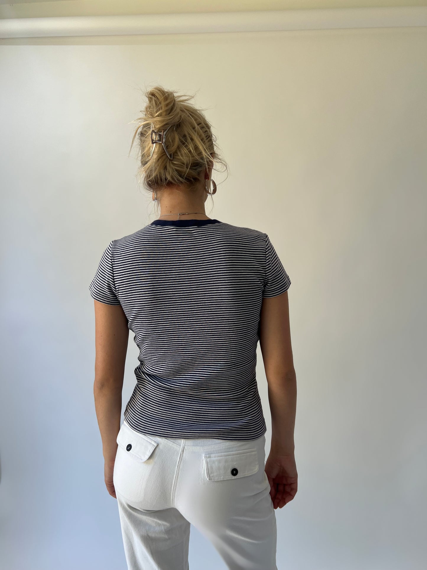 small grey and navy striped ralph lauren t-shirt back view