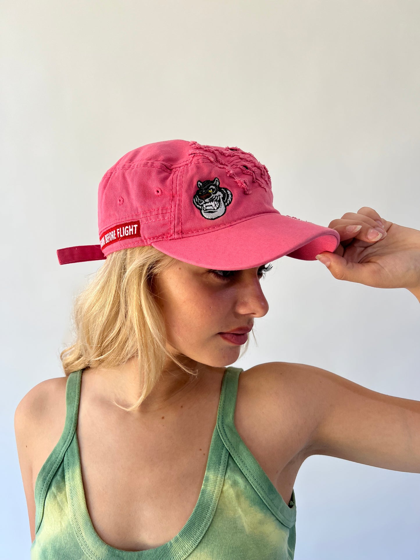 small pink 211 embroidered cap front embroidery detail
