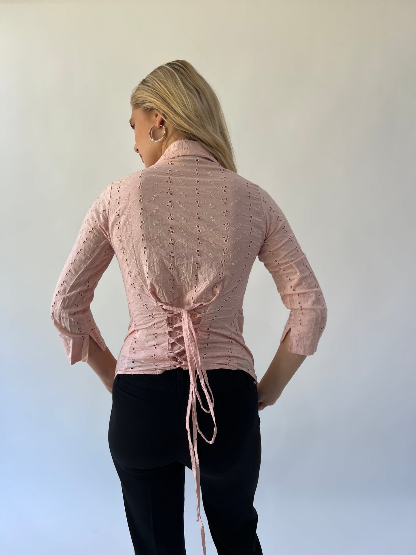 small pink phard eyelet tie-back shirt back view