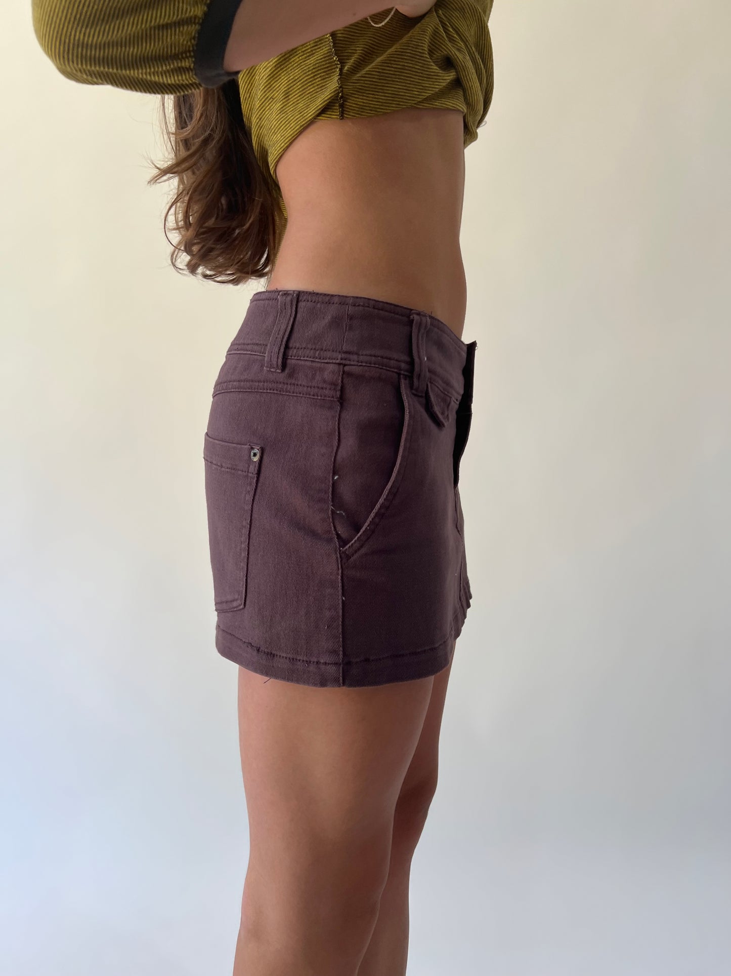 small purple denim mini skirt second side view