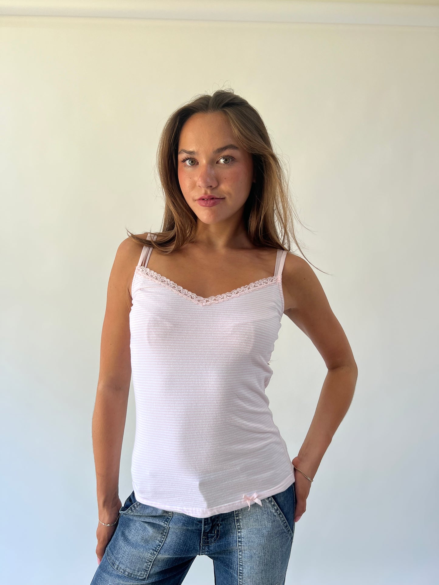 small white new look lace trim cami top angled view