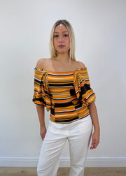 extra small white pinstripe flared trousers 01 front with face