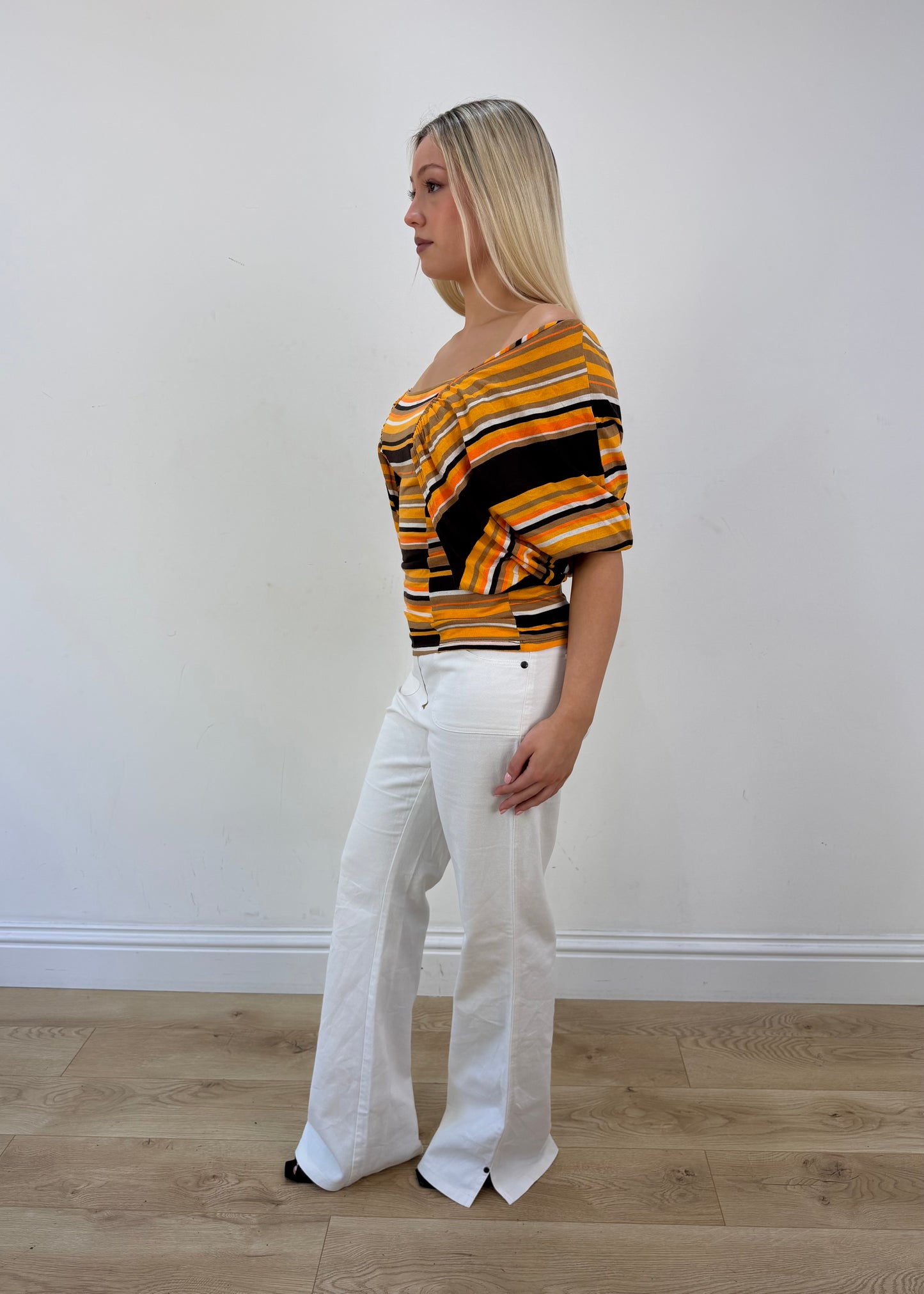 extra small white pinstripe flared trousers 04 side