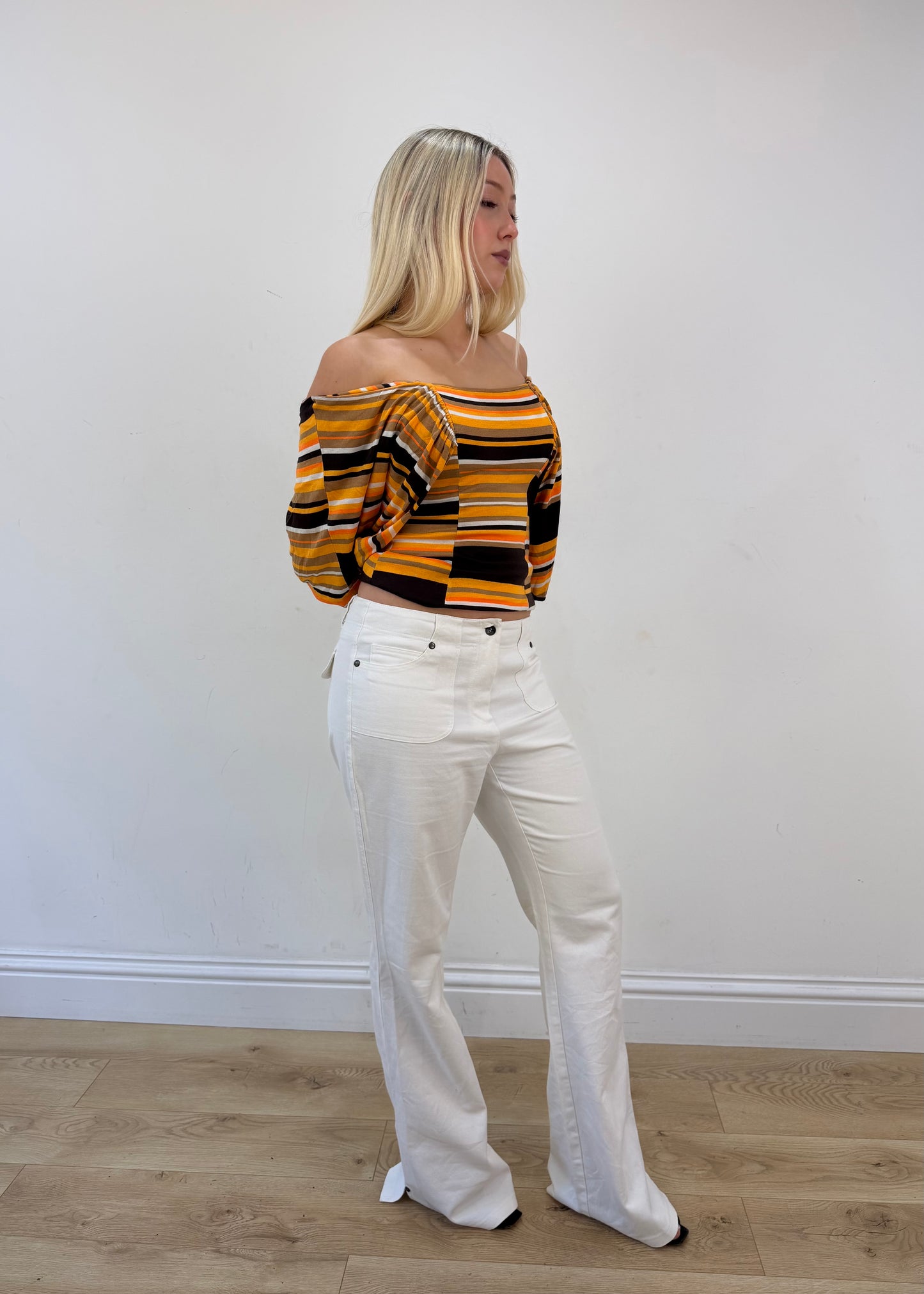 extra small white pinstripe flared trousers 06 posed