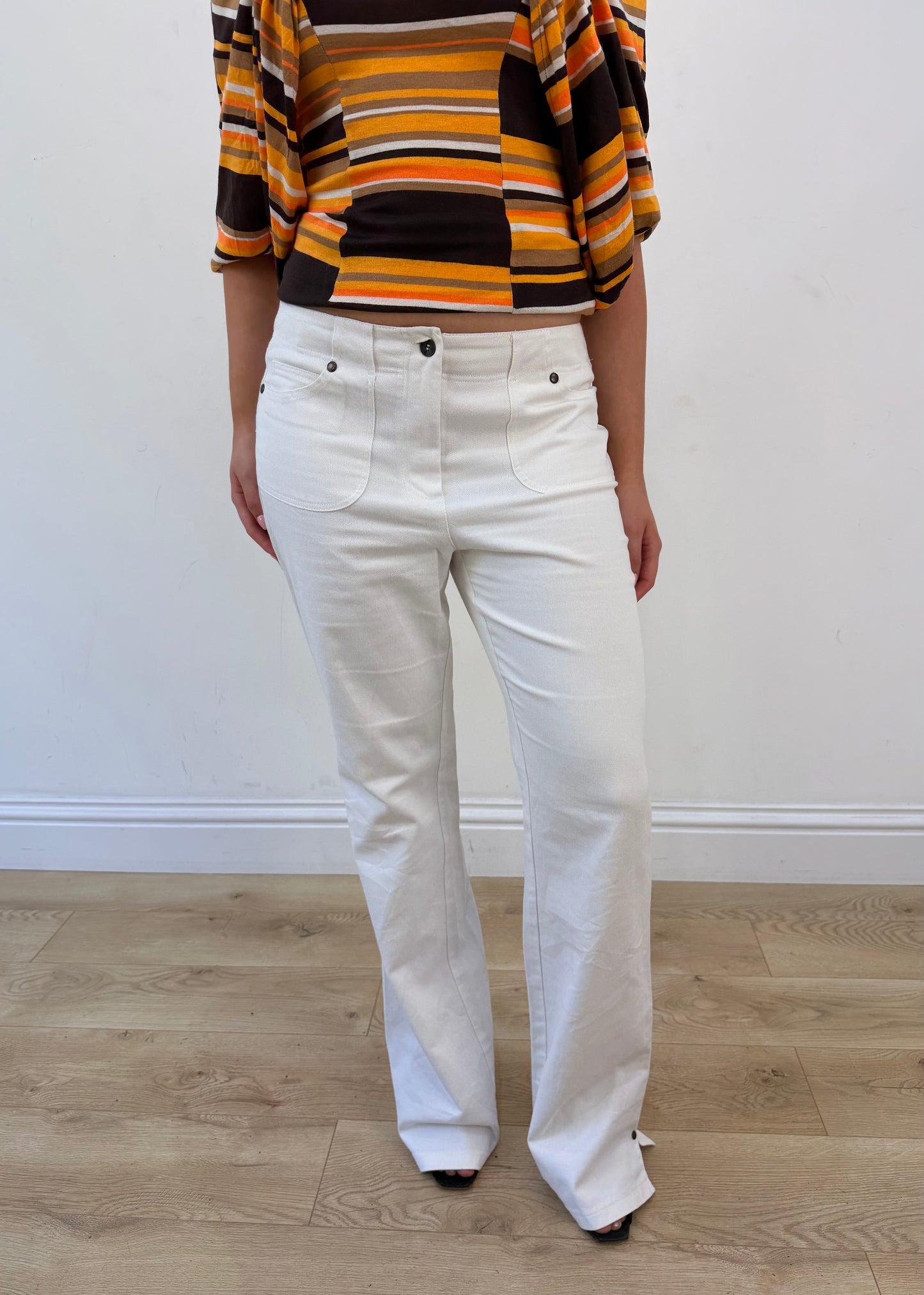 extra small white pinstripe flared trousers 07 detail