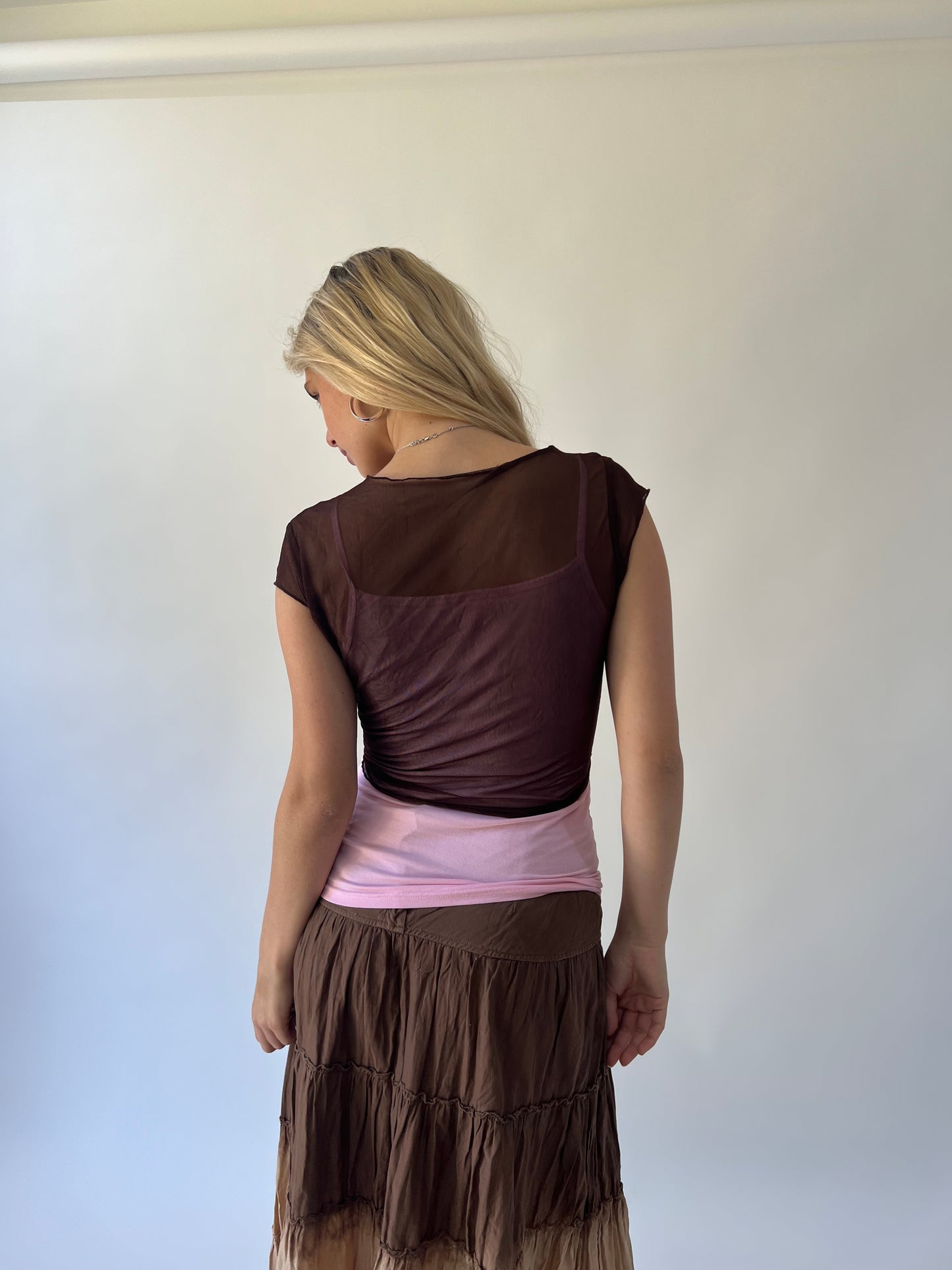 xl brown sheer tie-front shrug back view