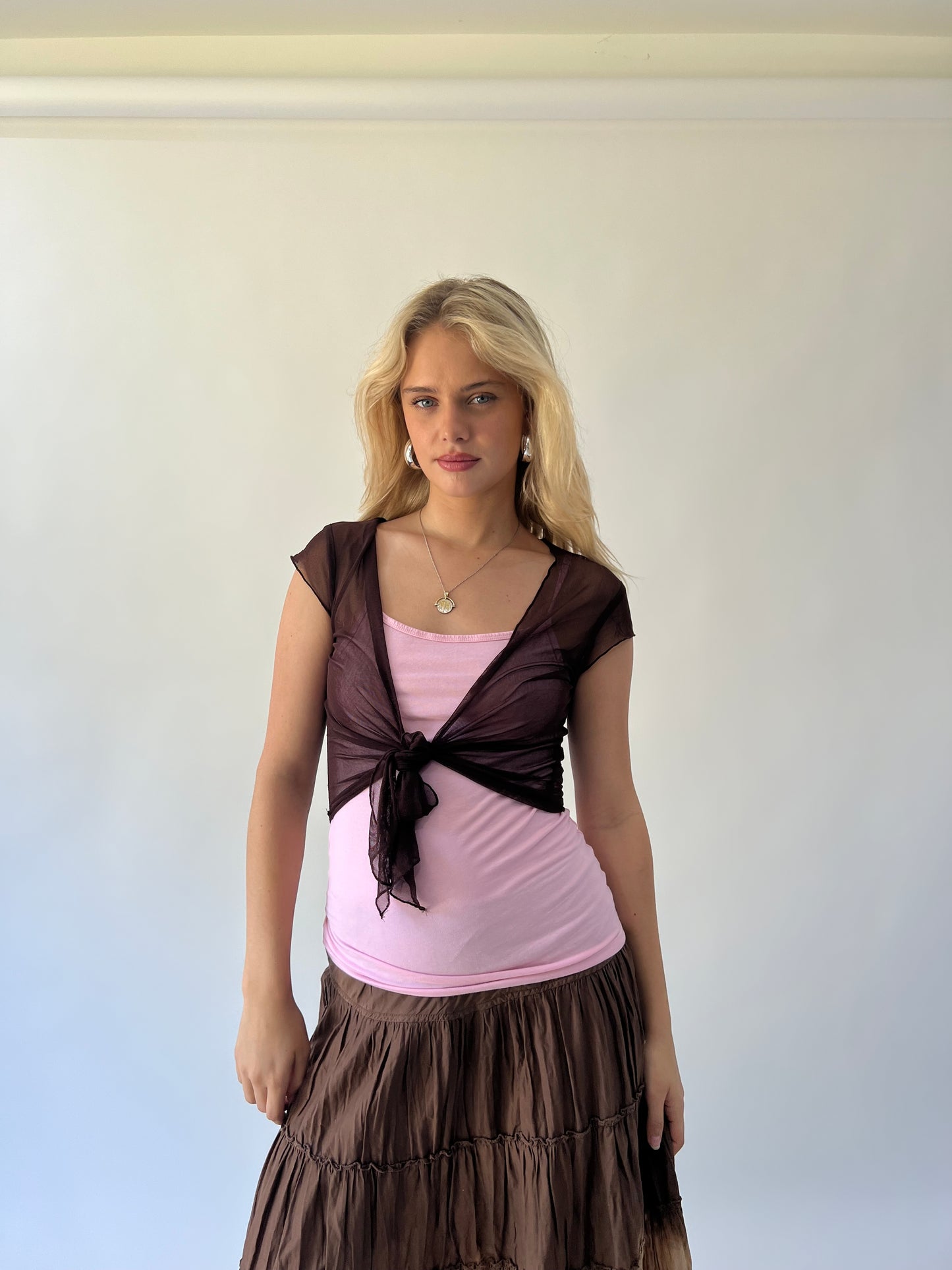 xl brown sheer tie-front shrug front view