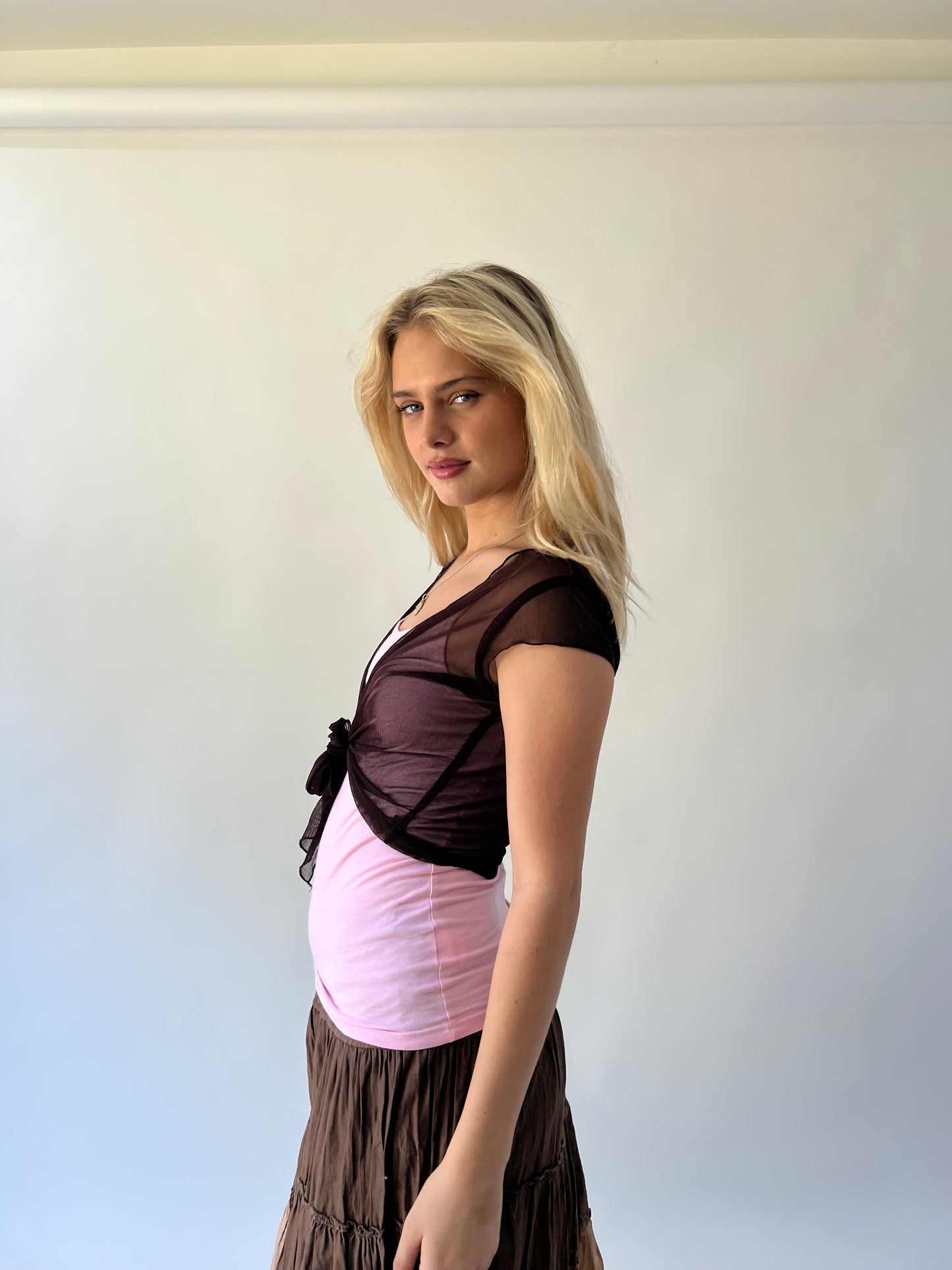 xl brown sheer tie-front shrug angled view
